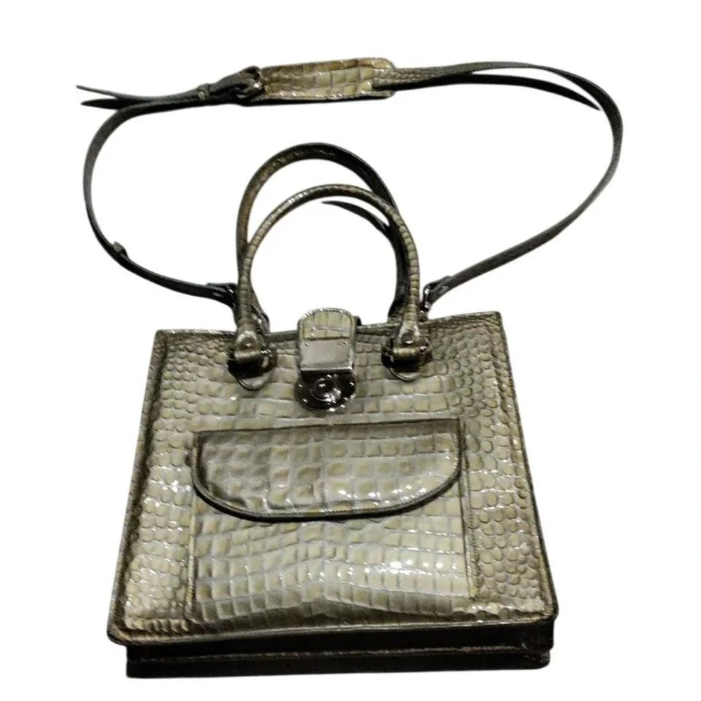 NEW Francesco Rogani Roma Crocodile Embossed Leather Sage Green Metallic Bag‎